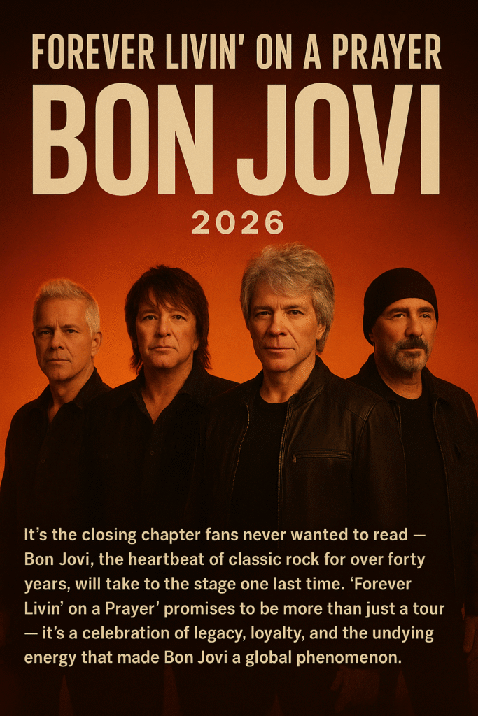 It’s the closing chapter fans never wanted to read — Bon Jovi, the heartbeat of classic rock for over forty years, will take to the stage one last time. “Forever Livin’ on a Prayer” promises to be more than just a tour — it’s a celebration of legacy, loyalty, and the undying energy that made Bon Jovi a global phenomenon.